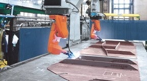 MAG welding with CORGON in ship yard.